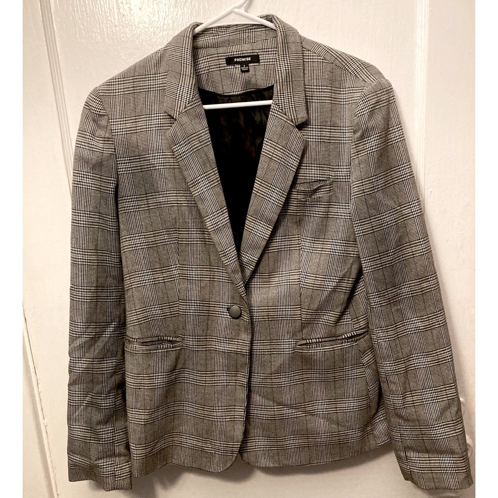 Premise Size 6 Black, White, and Gray Graph Checkered Blazer With Pockets